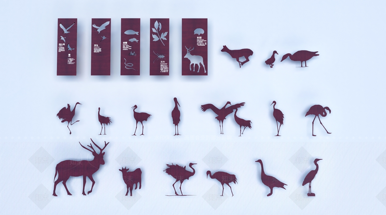 现代动物飞禽雕塑剪影指示牌3D模型下载【ID:1141432515】