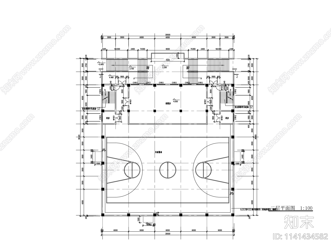 3层学校体育馆建筑cad施工图下载【ID:1141434582】