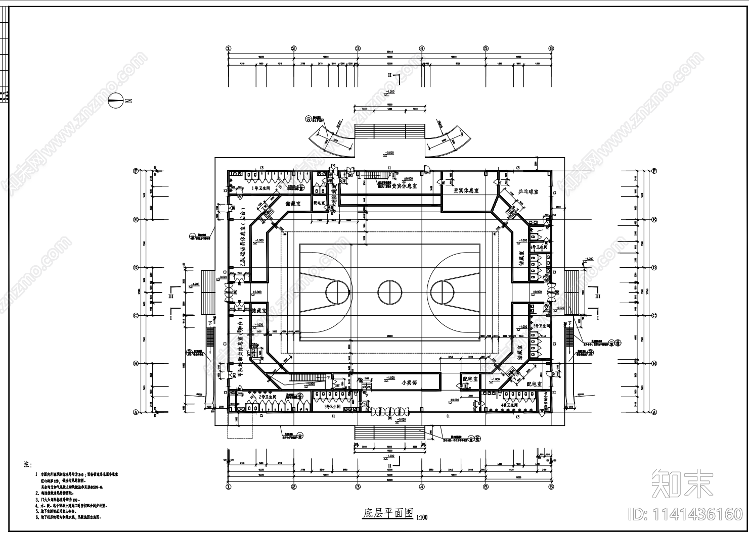 2层体育馆建筑cad施工图下载【ID:1141436160】