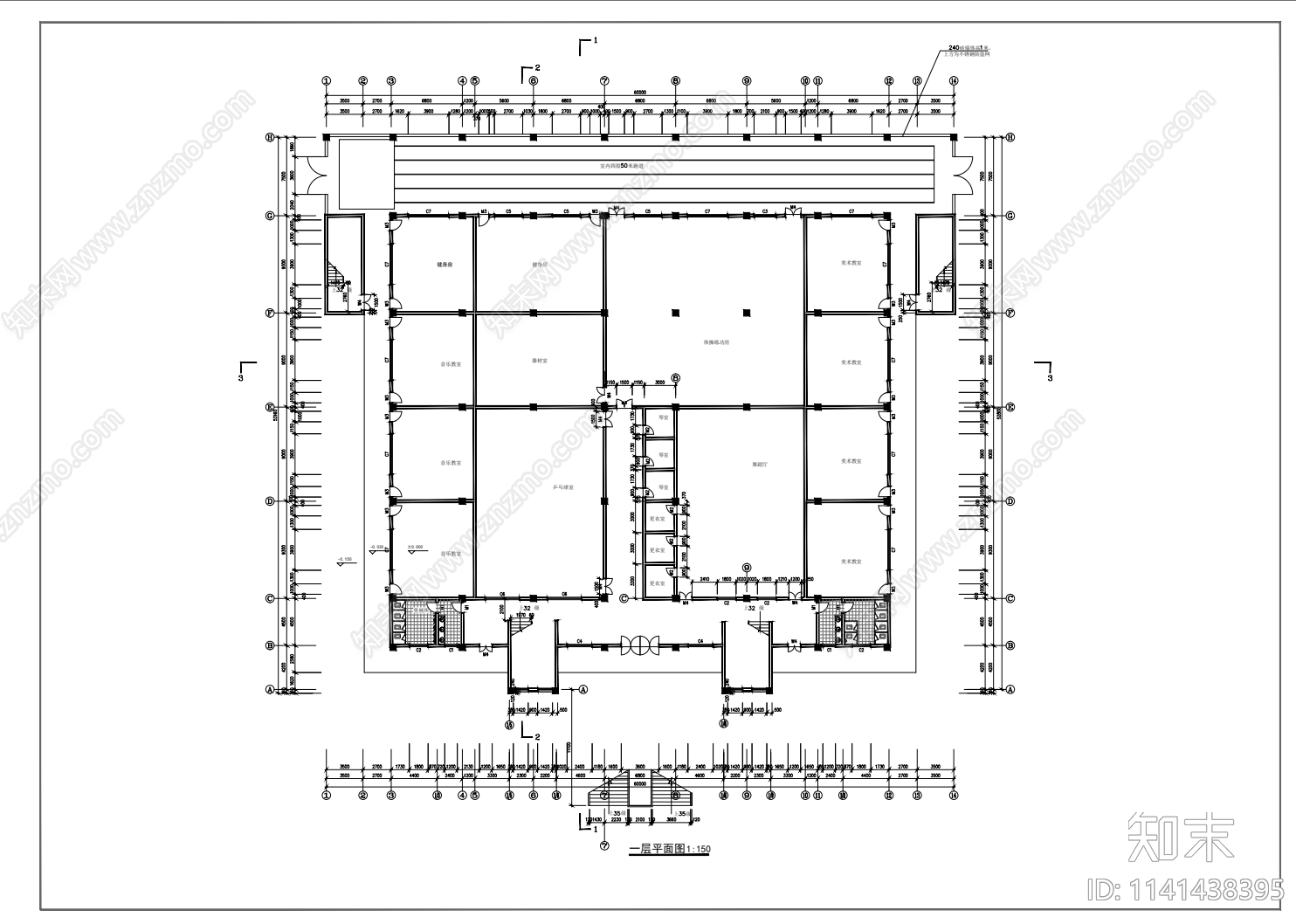 2层体育馆建筑cad施工图下载【ID:1141438395】