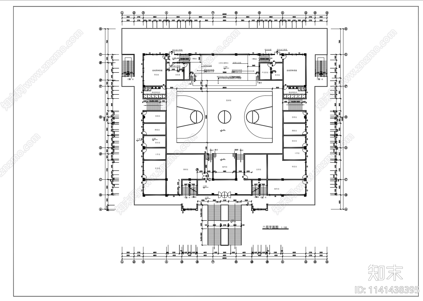 2层体育馆建筑cad施工图下载【ID:1141438395】