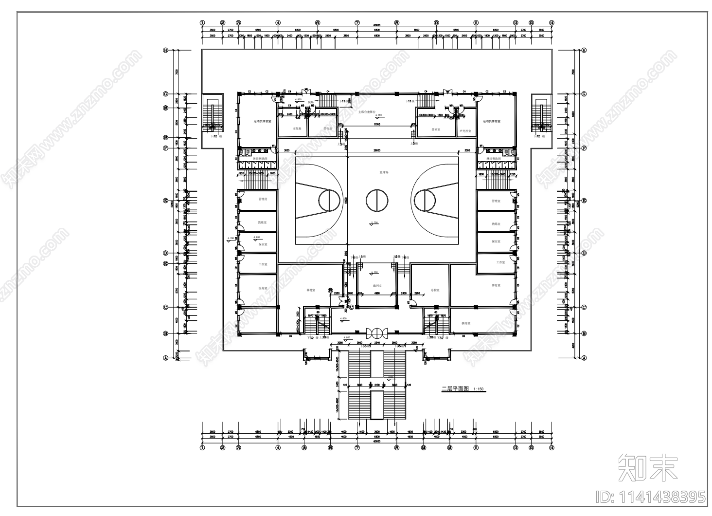 2层体育馆建筑cad施工图下载【ID:1141438395】