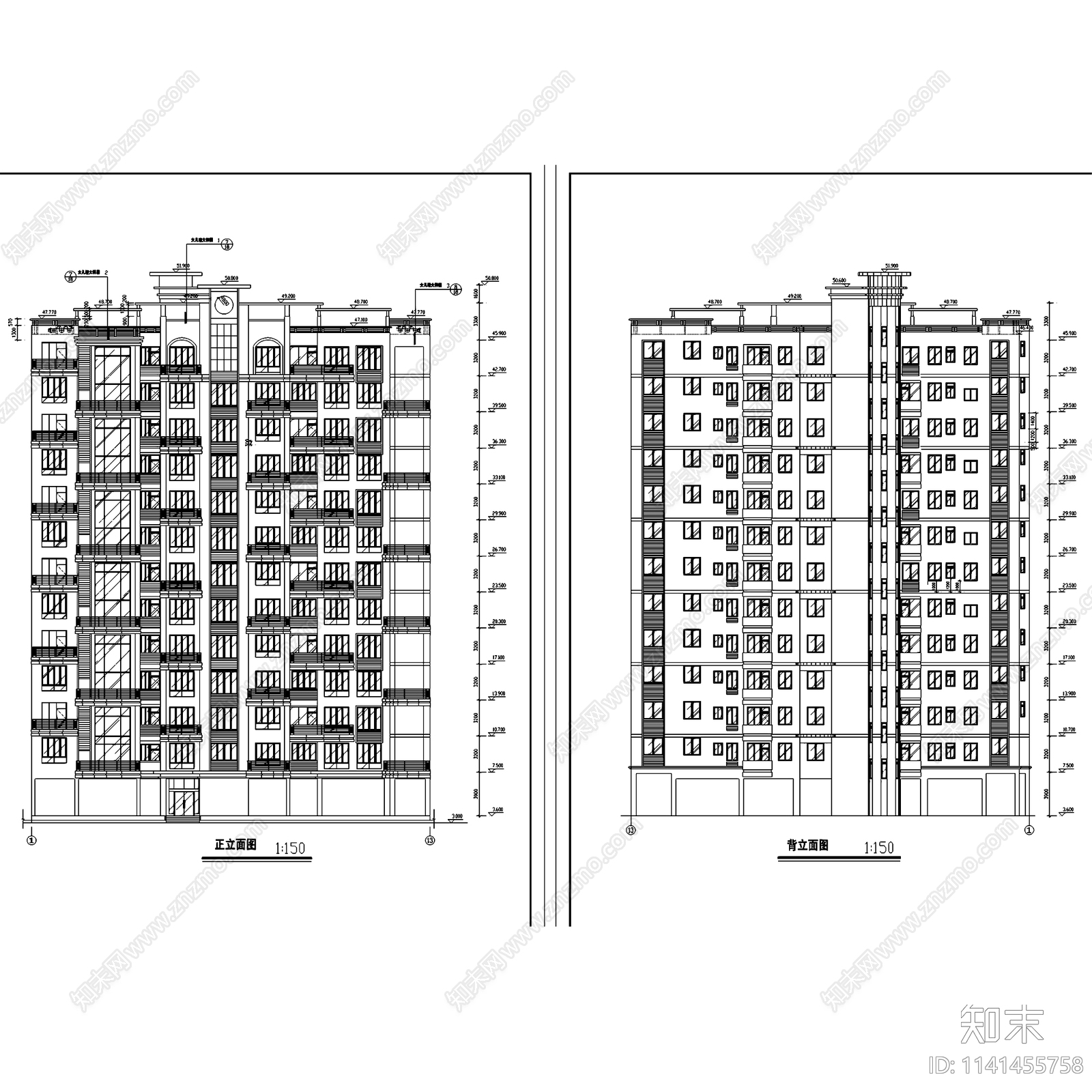 住宅楼单元楼居住建筑cad施工图下载【ID:1141455758】