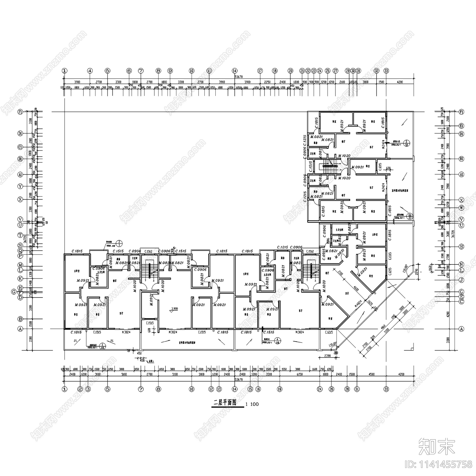 住宅楼单元楼居住建筑cad施工图下载【ID:1141455758】