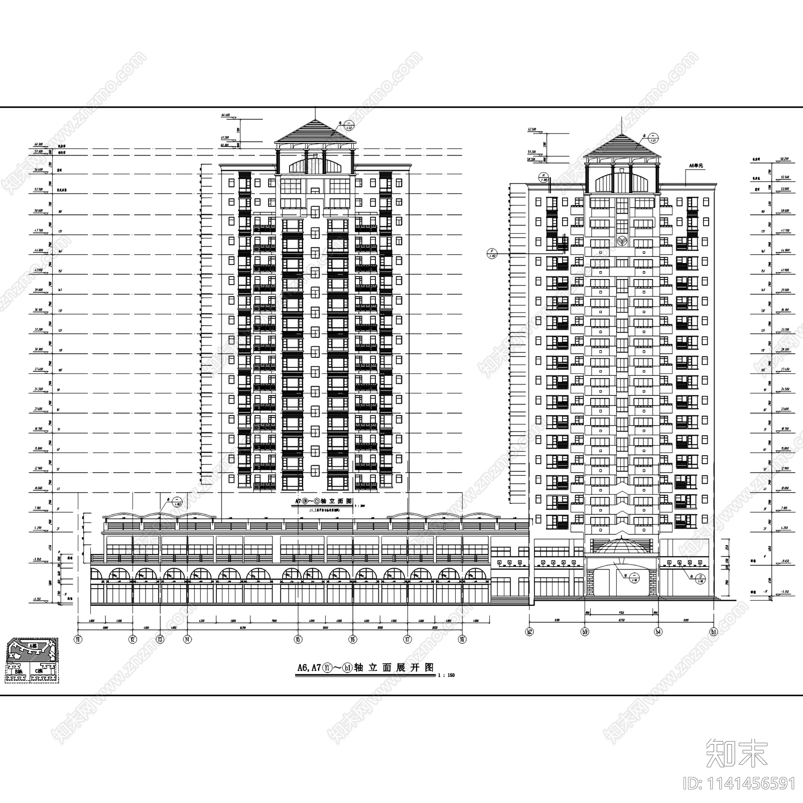 小区高层住宅楼居住建筑cad施工图下载【ID:1141456591】