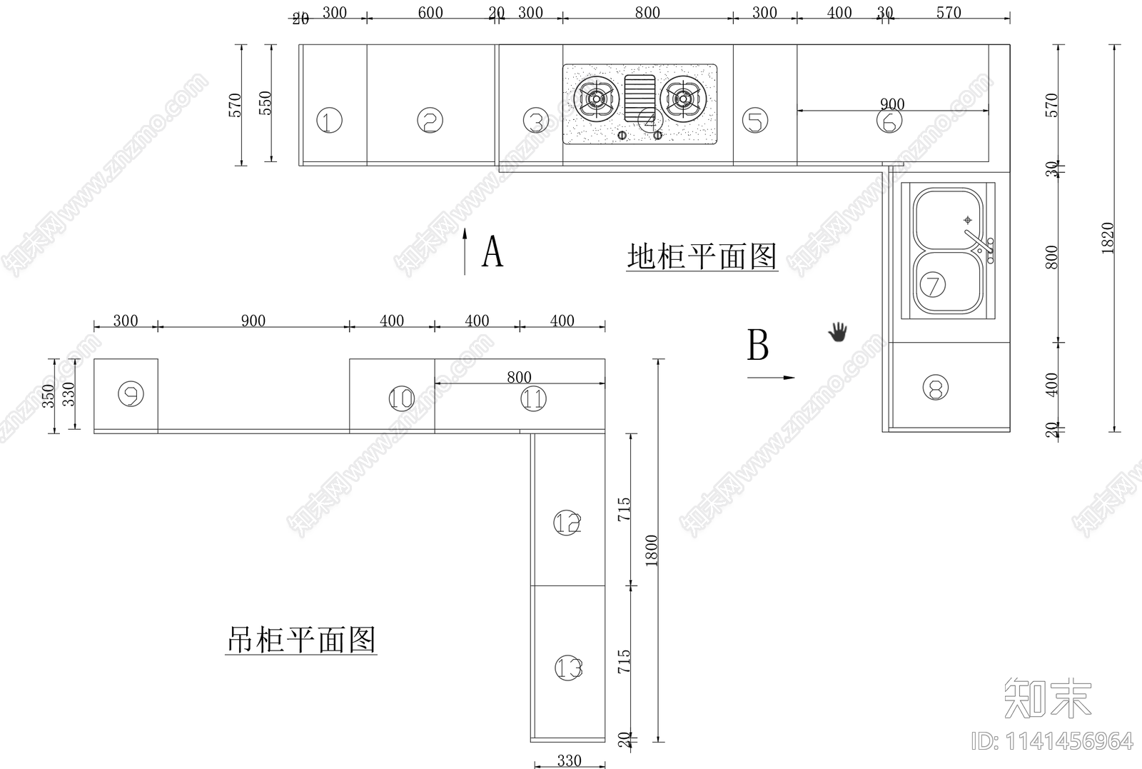 橱柜立面cad施工图下载【ID:1141456964】