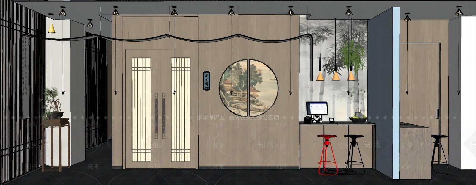 新中式酒店大堂SU模型下载【ID:1215201145】