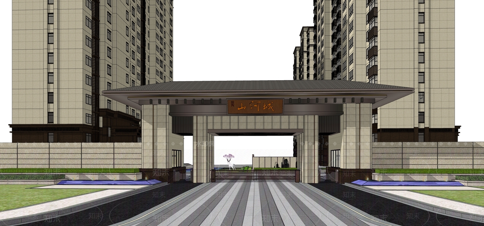新中式景观入口大门SU模型下载【ID:1141472457】