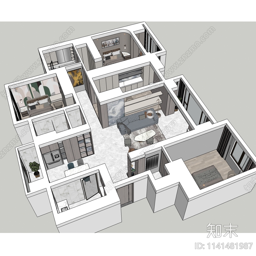 现代家装鸟瞰SU模型下载【ID:1141481987】