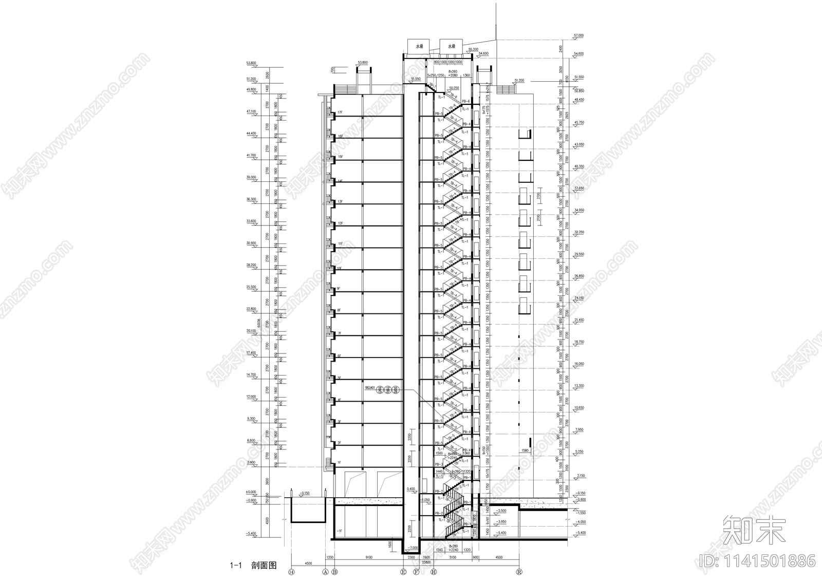 小高层一梯四户住宅楼建筑cad施工图下载【ID:1141501886】