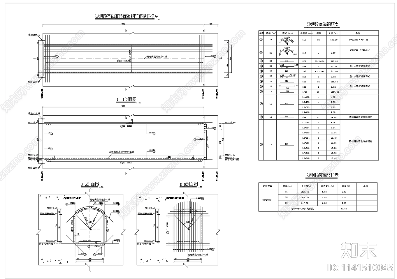 重力坝廊道结构钢筋cad施工图下载【ID:1141510045】