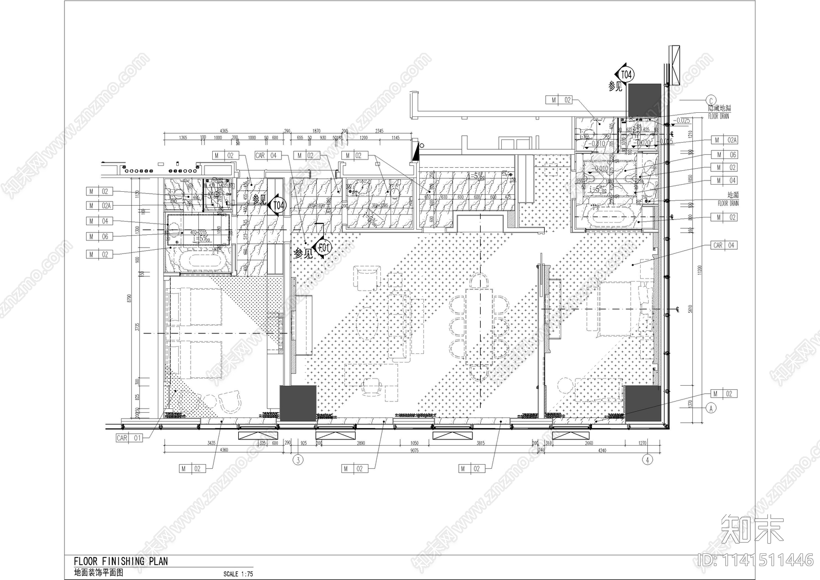 廊坊酒店两室套房室内装修cad施工图下载【ID:1141511446】