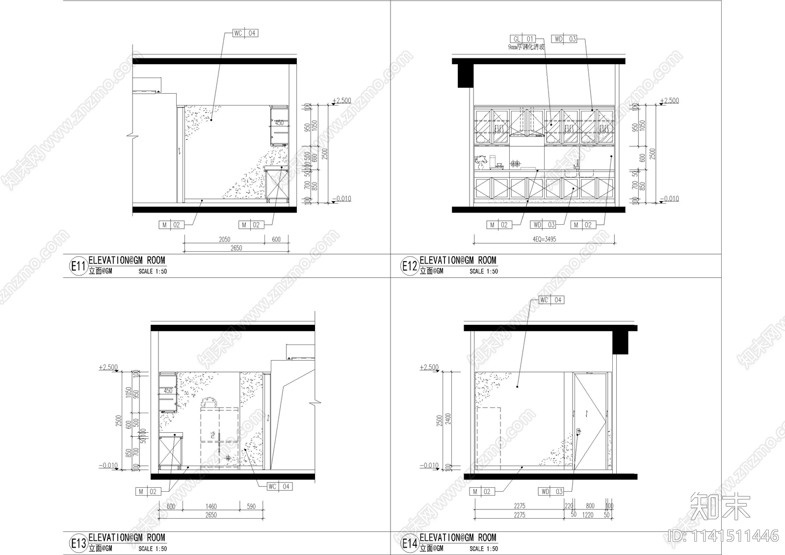 廊坊酒店两室套房室内装修cad施工图下载【ID:1141511446】