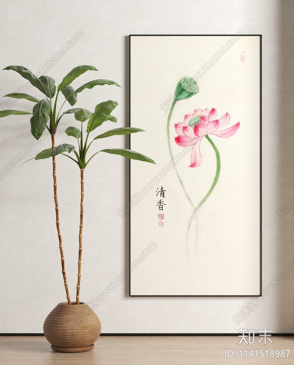 新中式禅意荷花玄关装饰画3D模型下载【ID:1141518987】