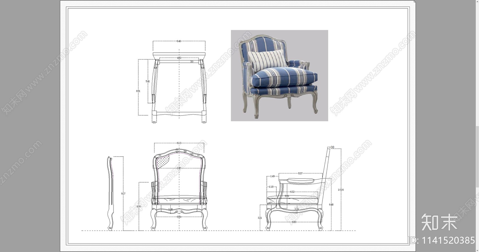 欧式单人沙发三视图施工图下载【ID:1141520385】