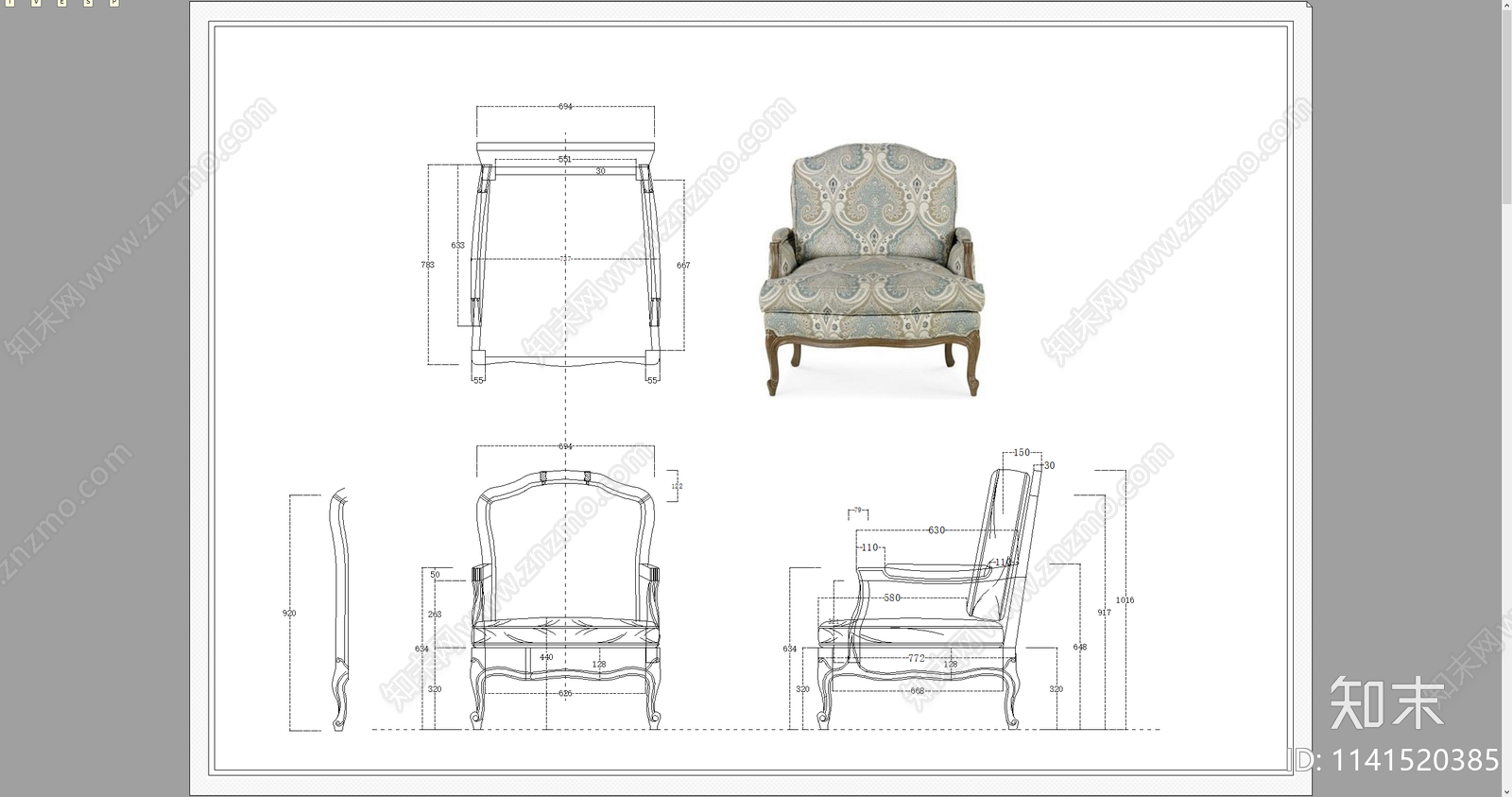 欧式单人沙发三视图施工图下载【ID:1141520385】