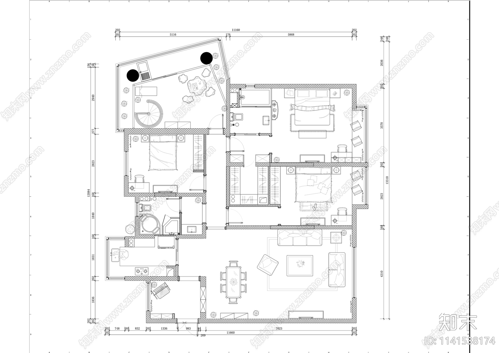 欧式130平米三室两厅大平层样板间室内装修cad施工图下载【ID:1141538174】