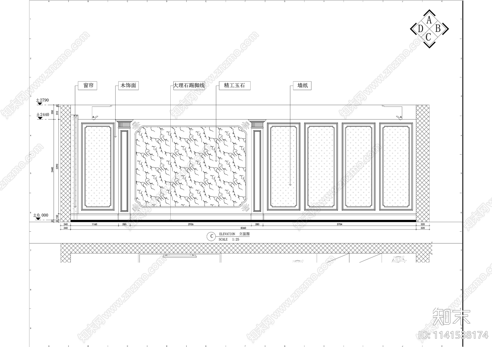 欧式130平米三室两厅大平层样板间室内装修cad施工图下载【ID:1141538174】