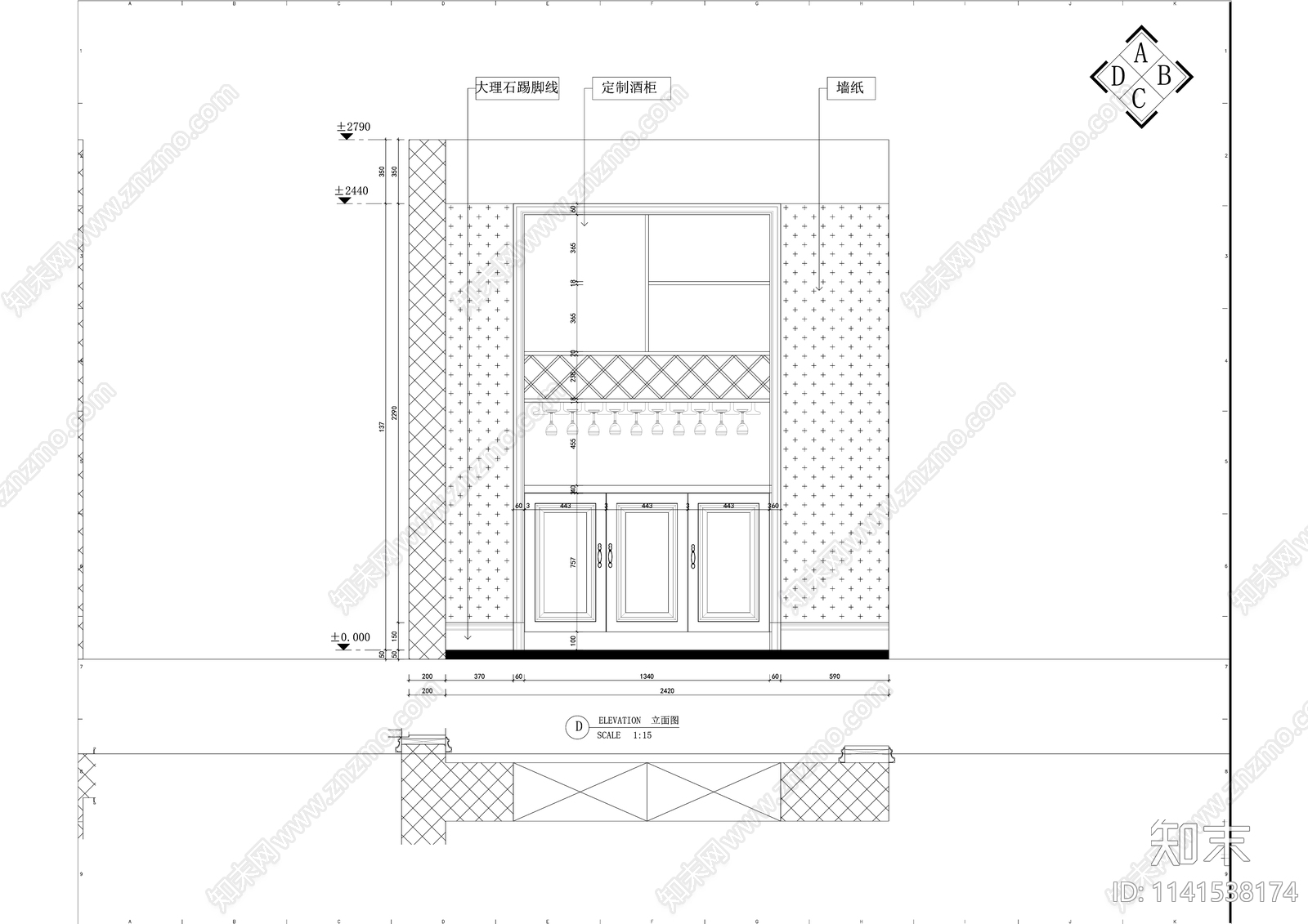 欧式130平米三室两厅大平层样板间室内装修cad施工图下载【ID:1141538174】