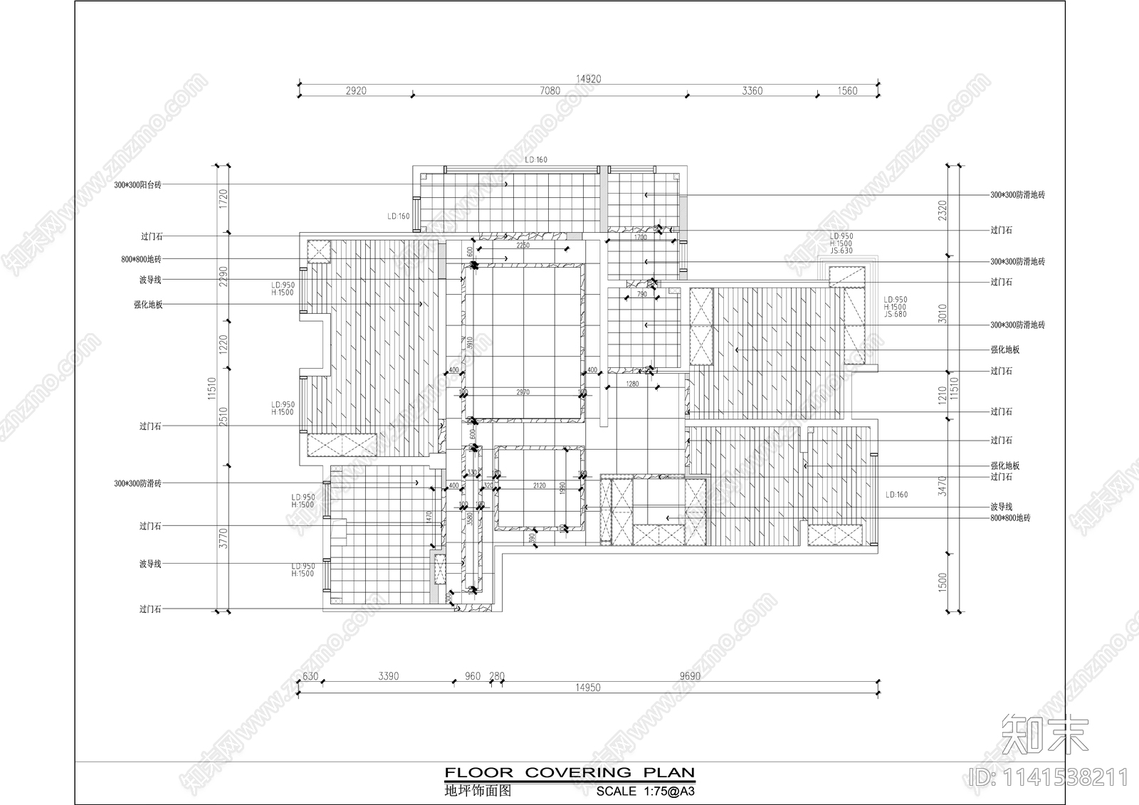 现代130平米三室两厅大平层室内精装修cad施工图下载【ID:1141538211】