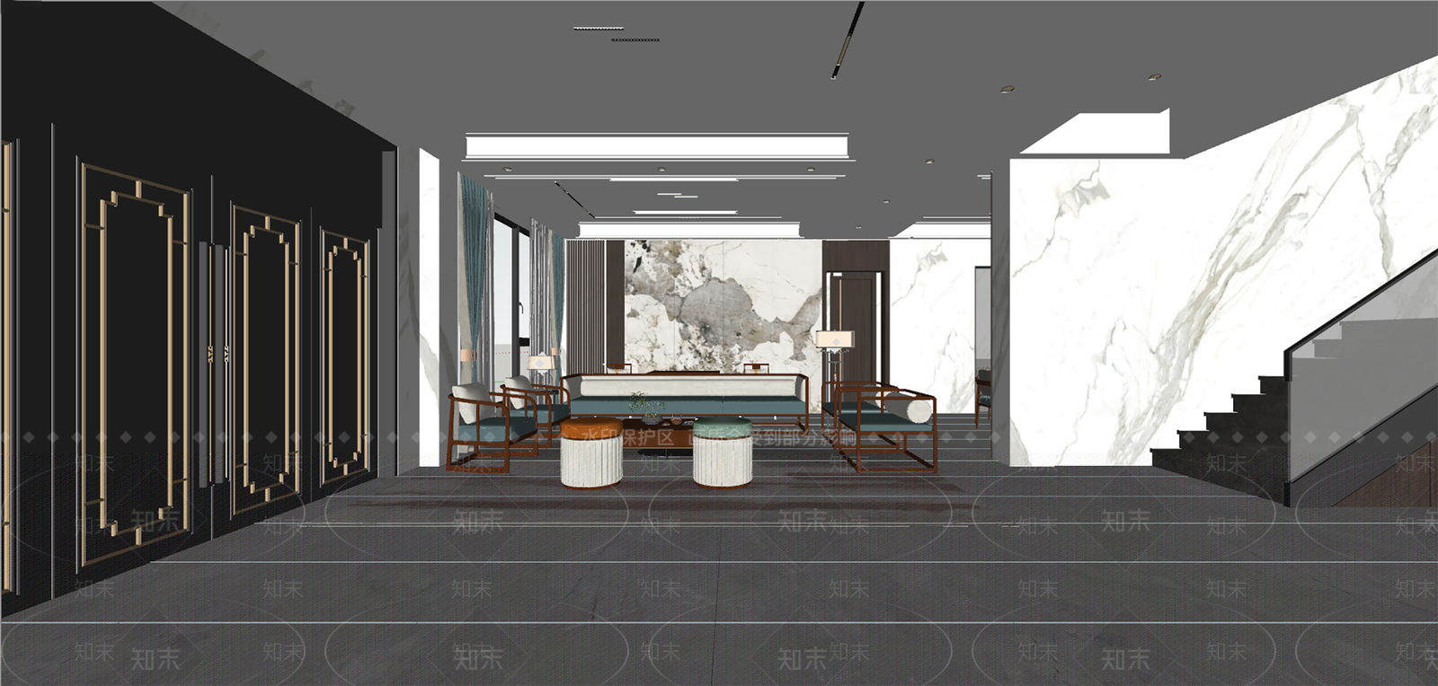 新中式别墅客厅SU模型下载【ID:1141543494】