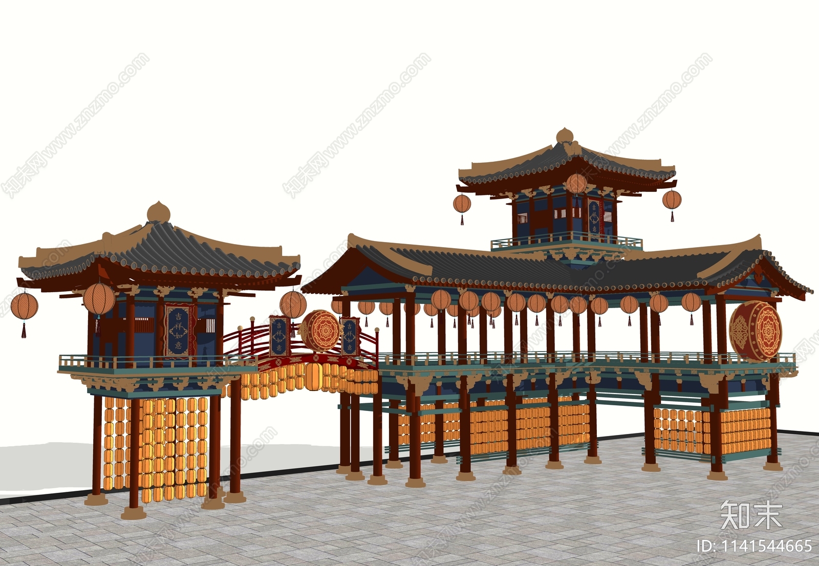 中式古建筑美陈装饰3D模型下载【ID:1141544665】