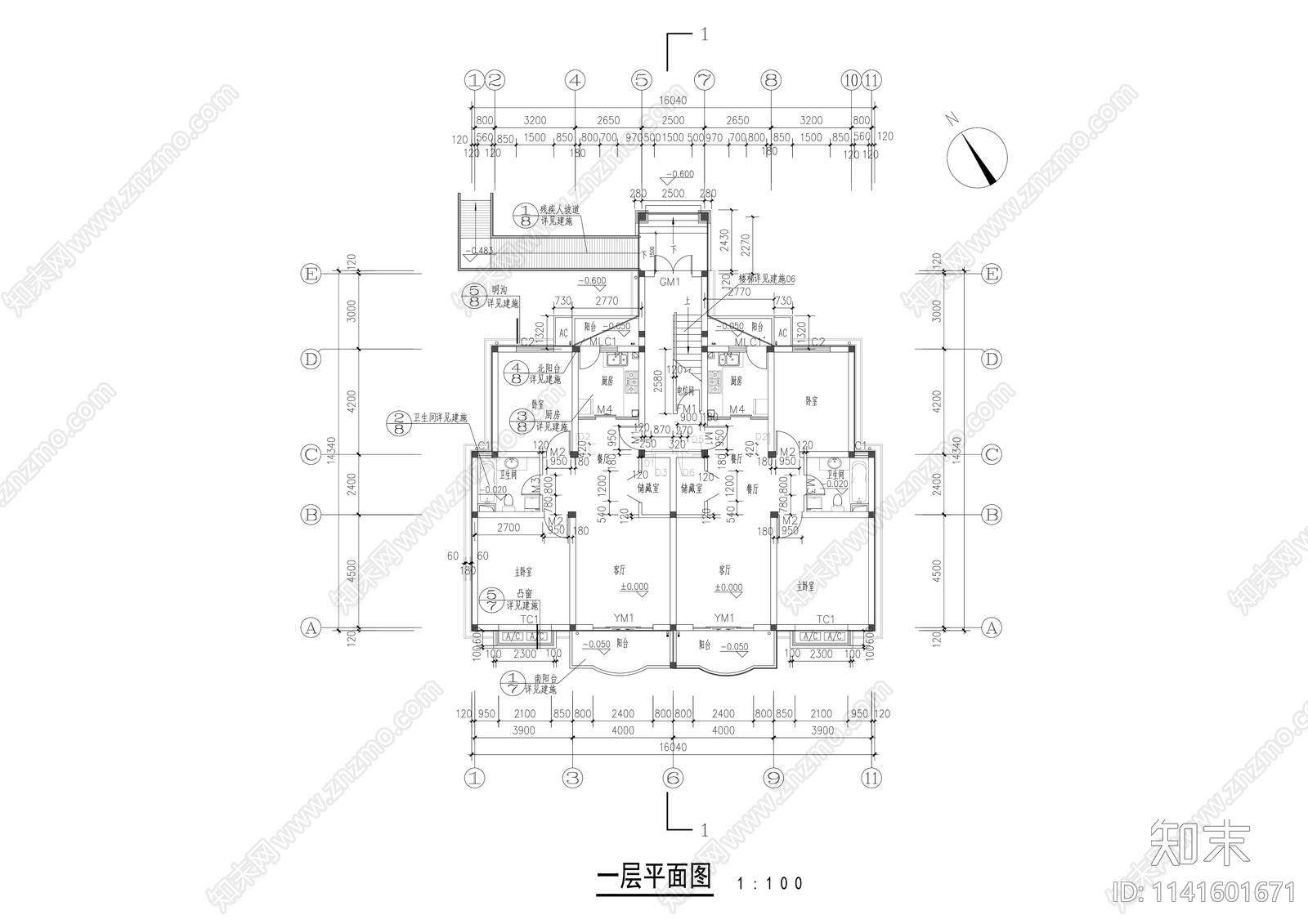 现代多层一梯两户洋房建筑cad施工图下载【ID:1141601671】