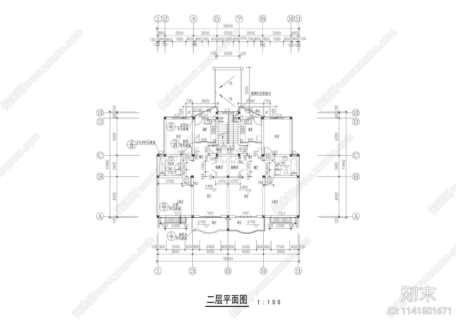 现代多层一梯两户洋房建筑cad施工图下载【ID:1141601671】