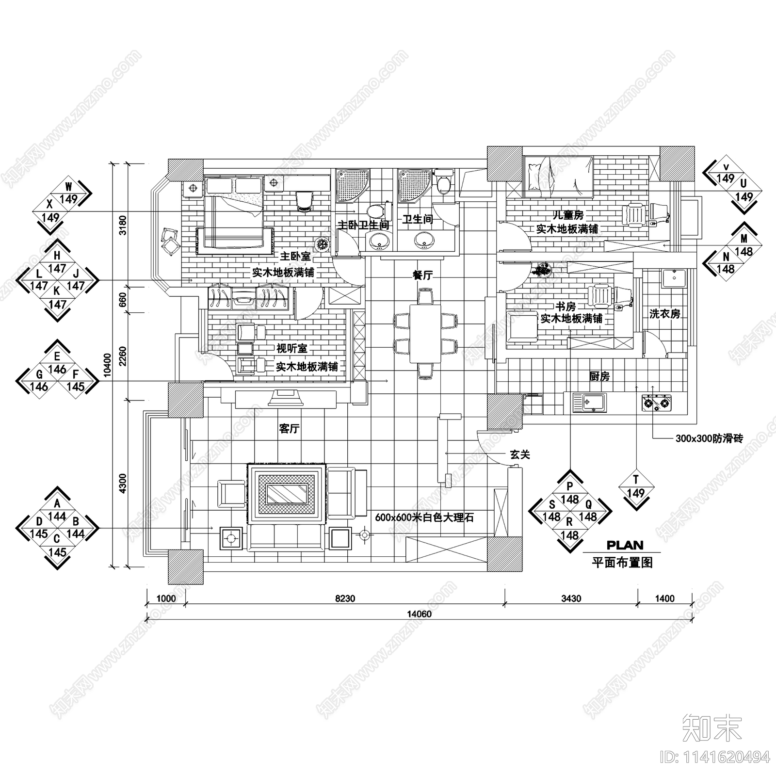 现代中式三居室家装装修12套cad施工图下载【ID:1141620494】