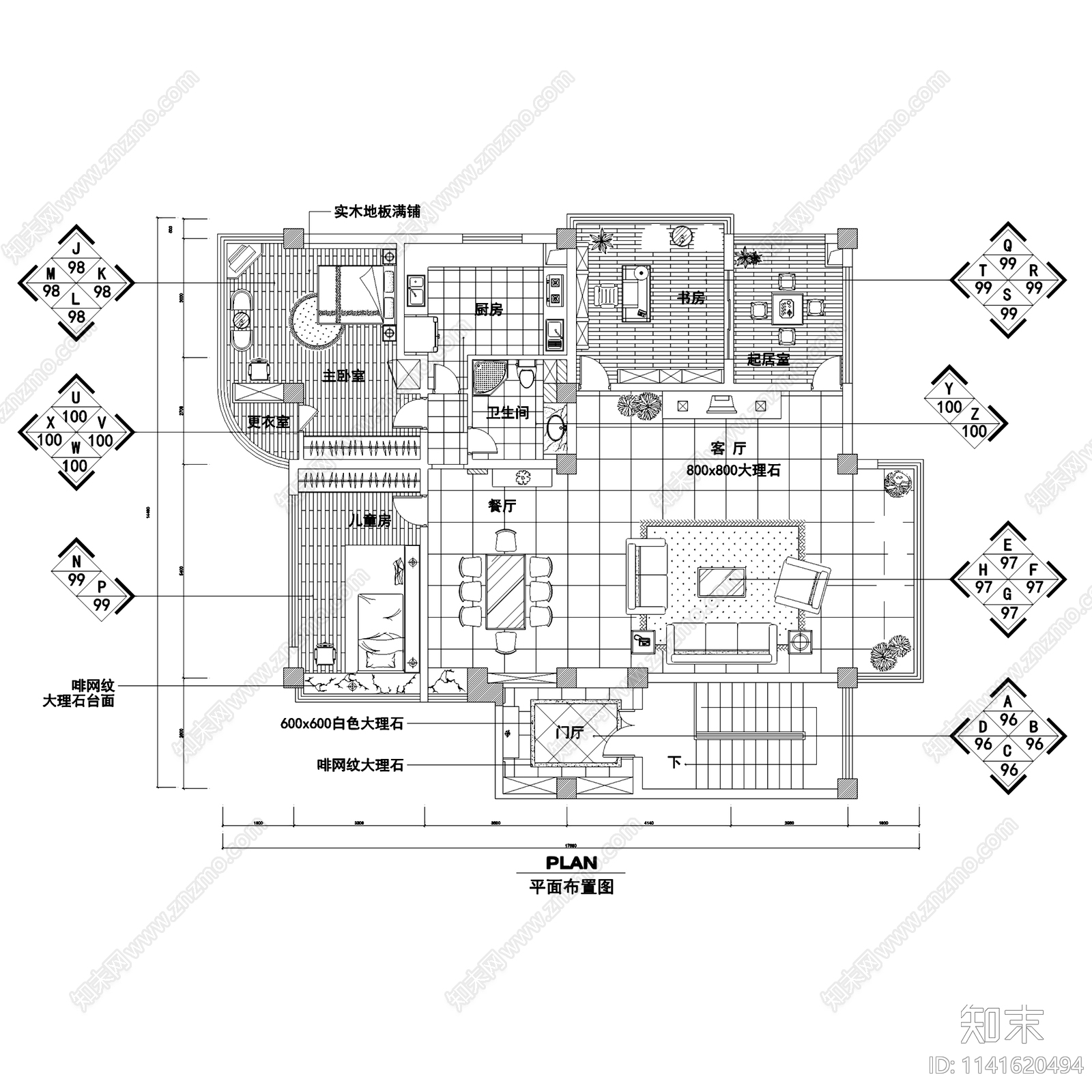 现代中式三居室家装装修12套cad施工图下载【ID:1141620494】