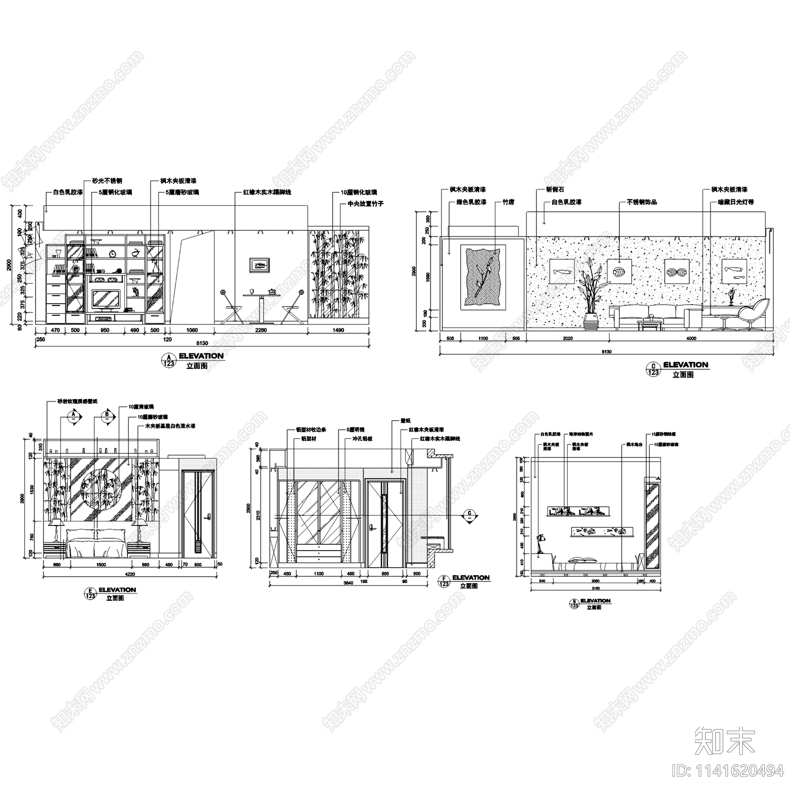 现代中式三居室家装装修12套cad施工图下载【ID:1141620494】