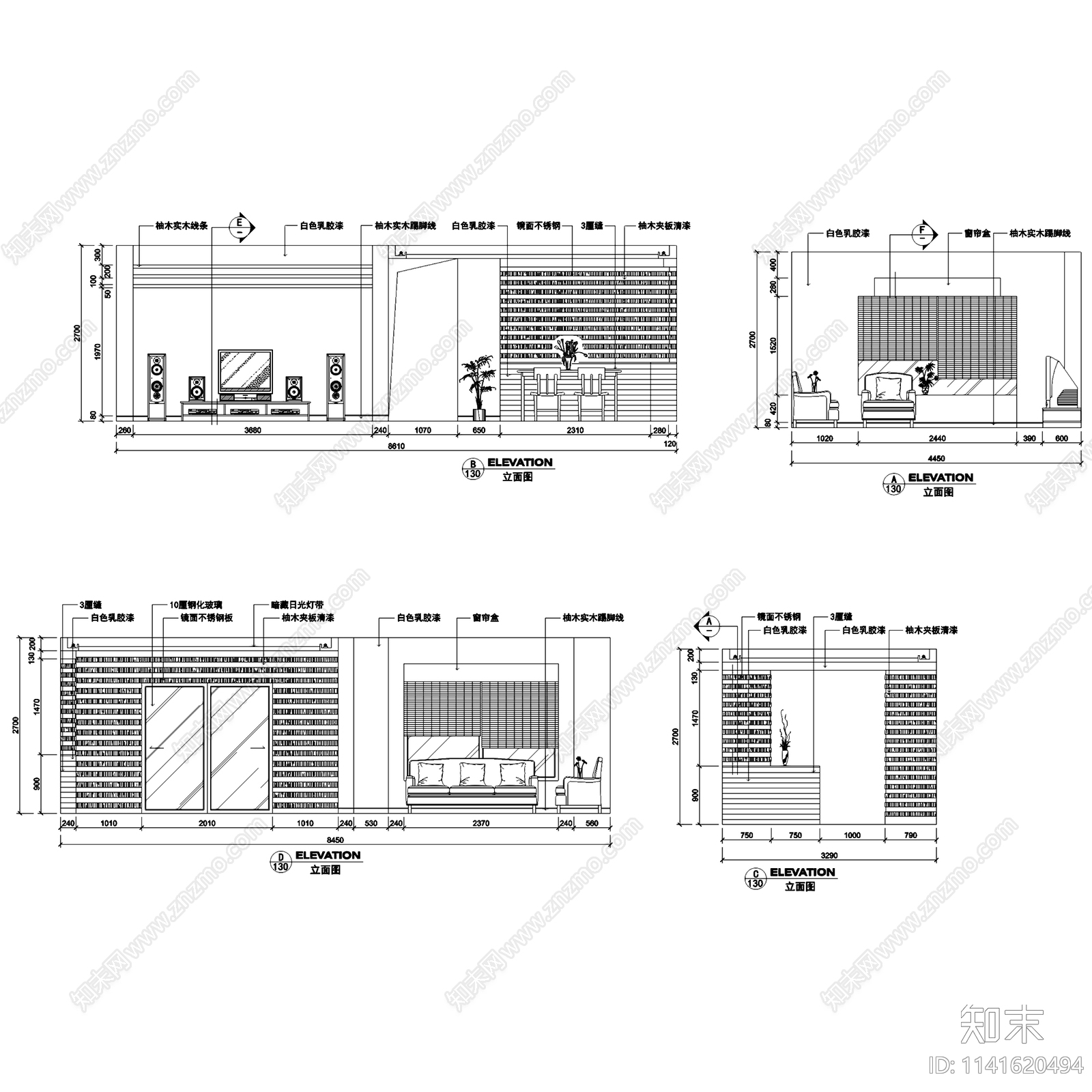 现代中式三居室家装装修12套cad施工图下载【ID:1141620494】