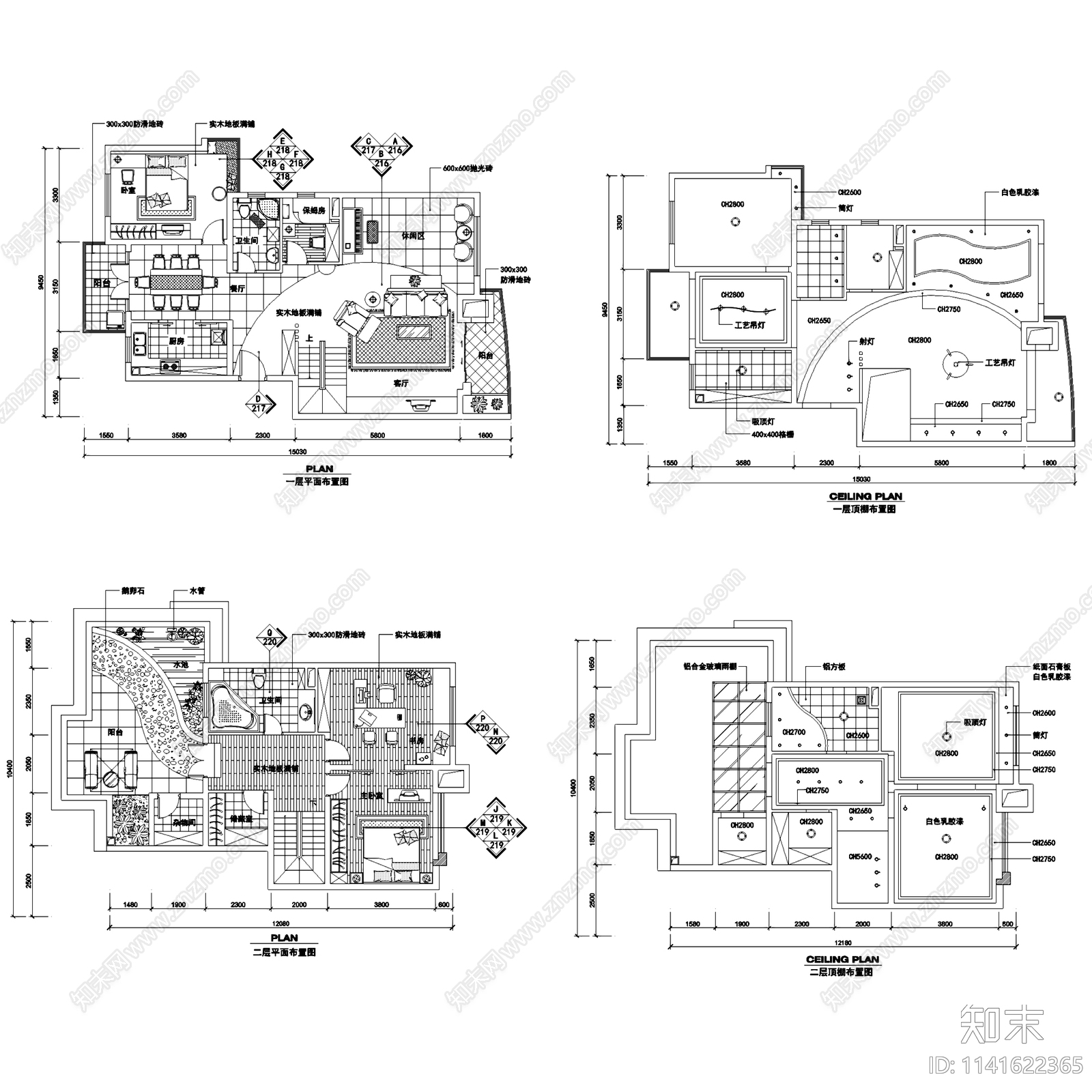 欧式现代复式家装室内装修6套cad施工图下载【ID:1141622365】