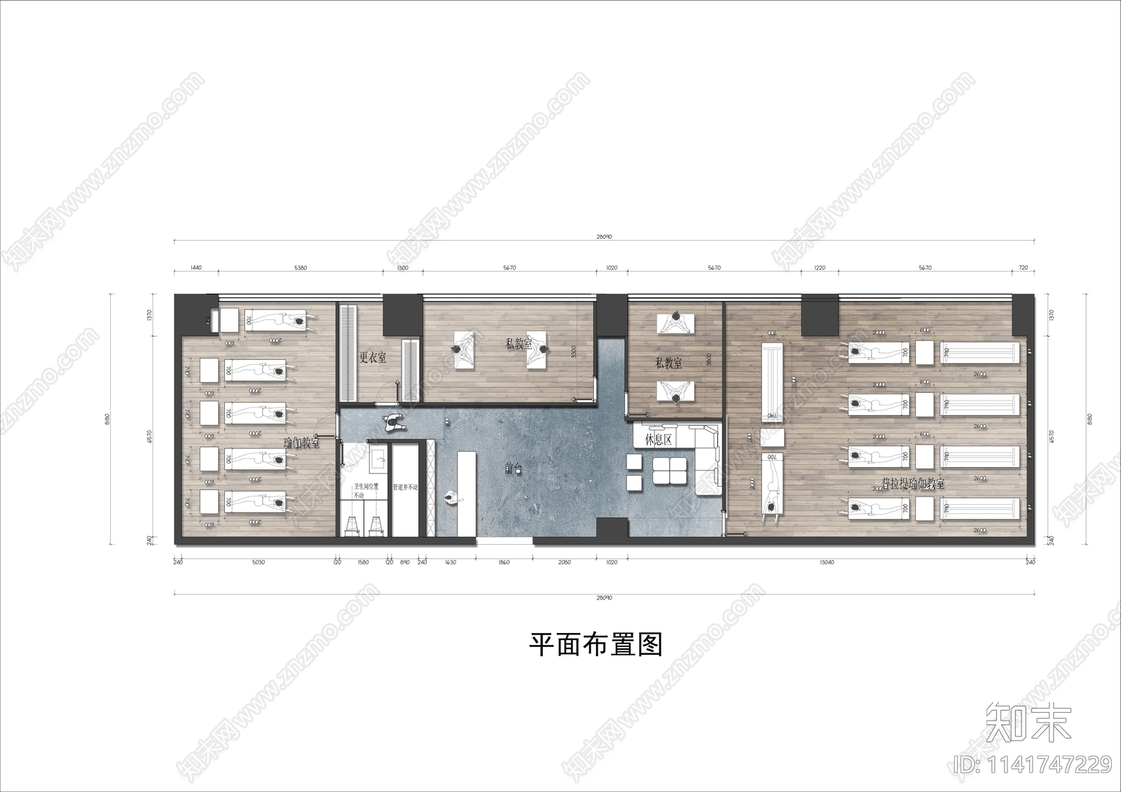 300平米瑜伽健身工作室平面布置图cad施工图下载【ID:1141747229】