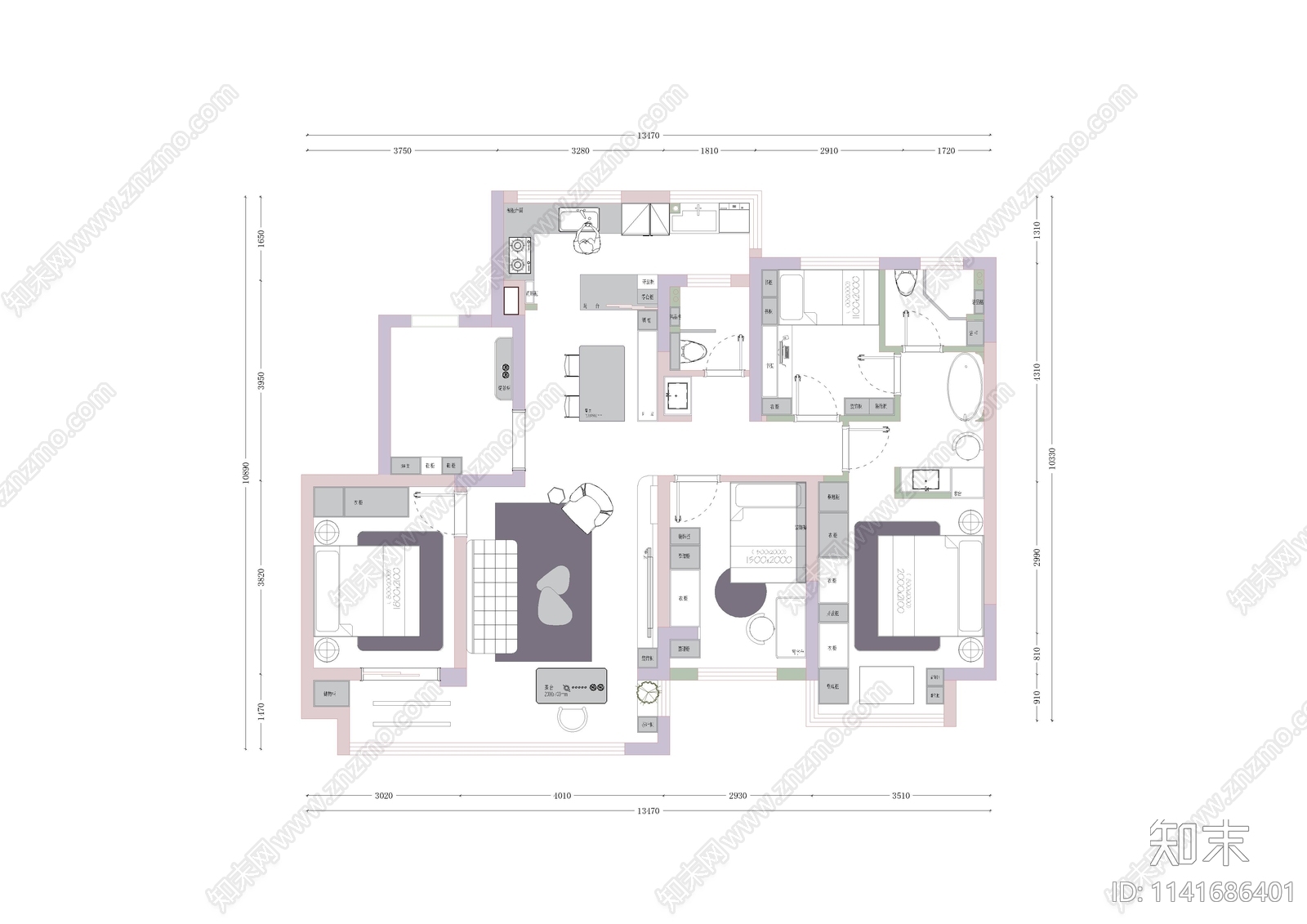 平层家装平面布置图cad施工图下载【ID:1141686401】