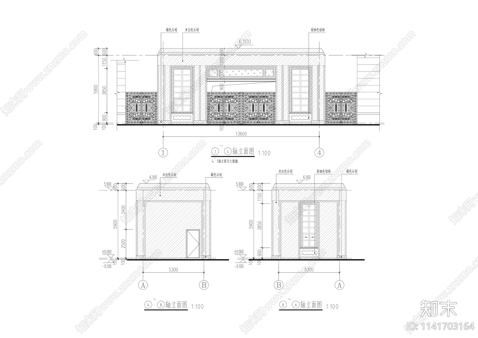 现代住宅小区大门传达室全套cad施工图下载【ID:1141703164】