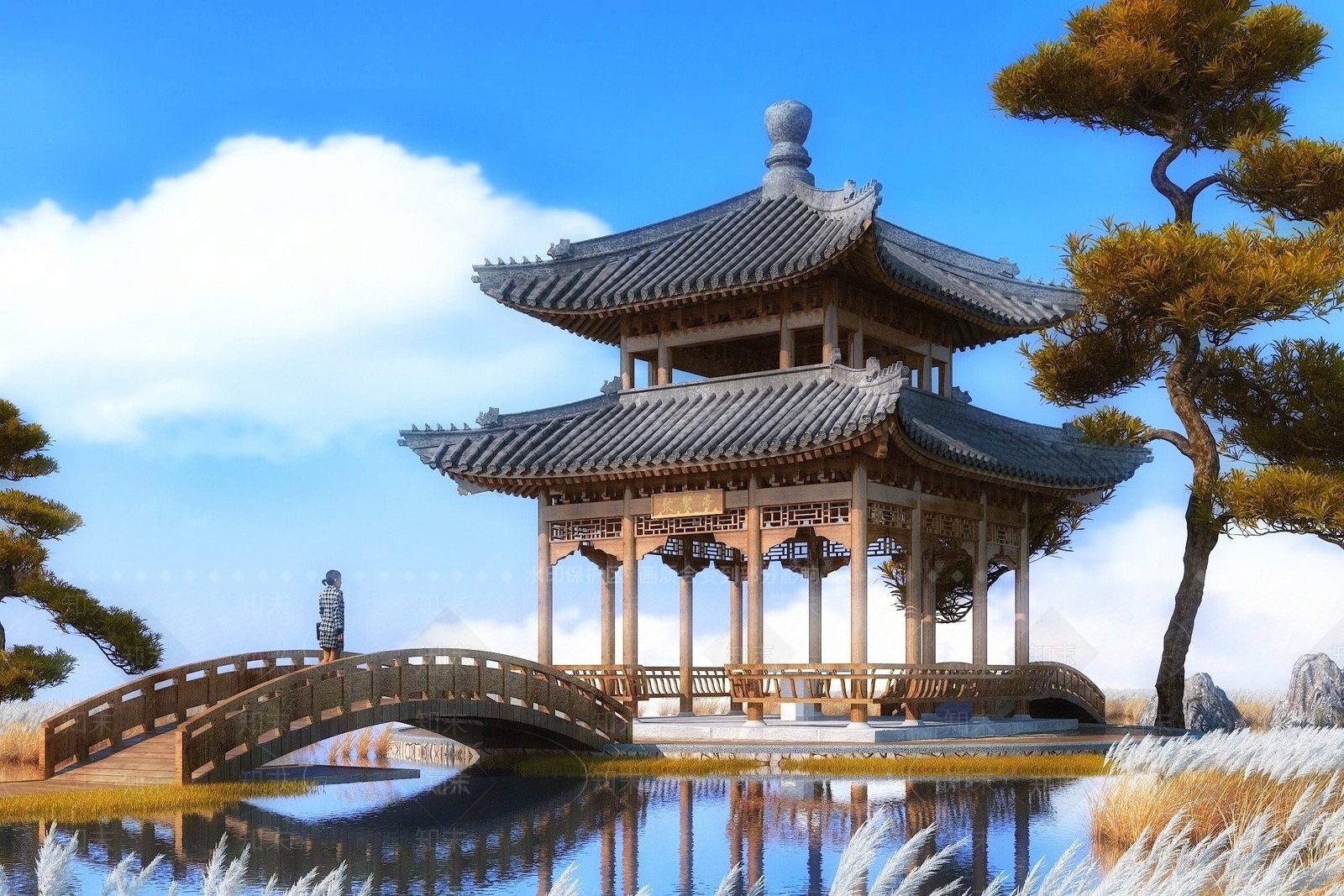 中式休闲四角凉亭SU模型下载【ID:1141708516】