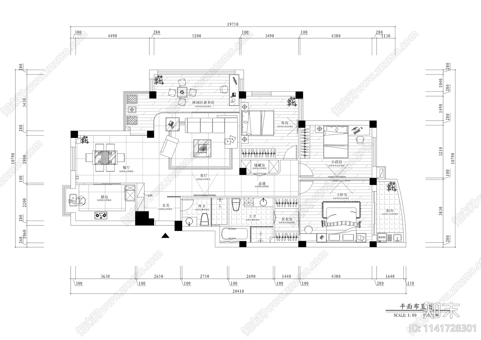 180平四室两厅两卫大平层家装全套cad施工图下载【ID:1141728301】