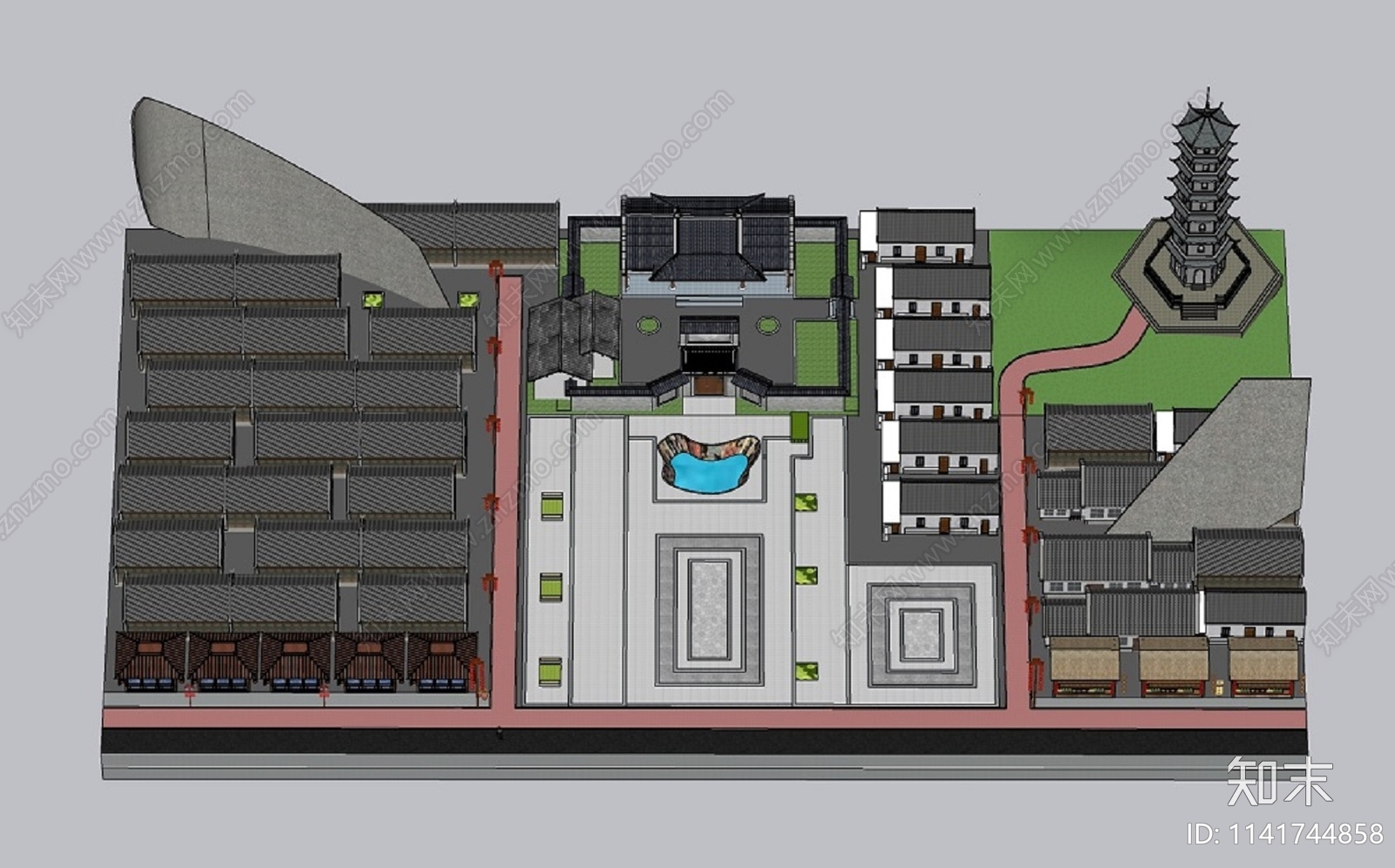 中式传统建筑广场规划SU模型下载【ID:1141744858】