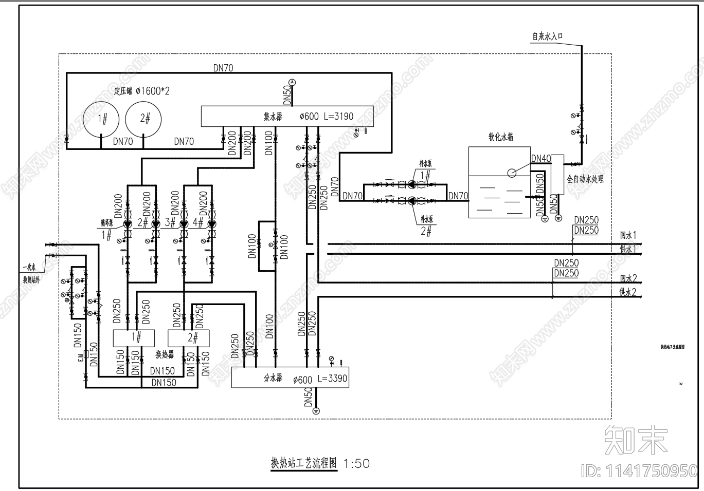 换热站工艺图设备布置cad施工图下载【ID:1141750950】
