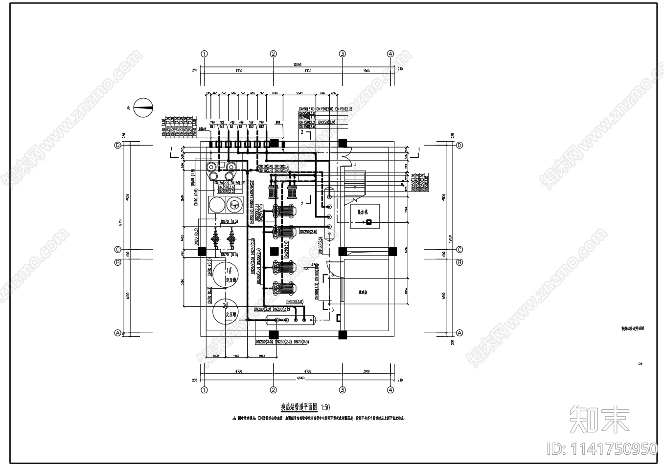 换热站工艺图设备布置cad施工图下载【ID:1141750950】