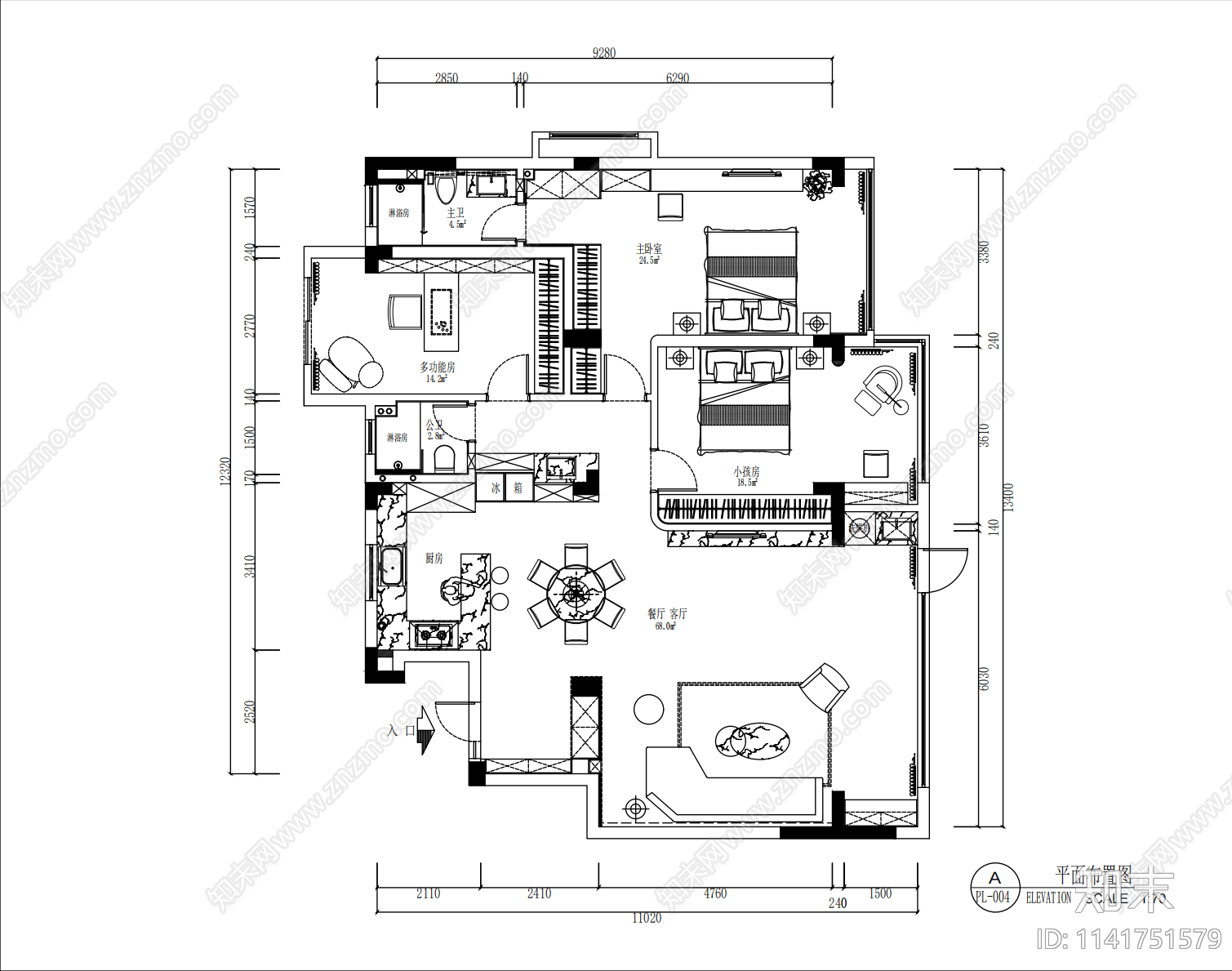 150平现代大平层家装室内cad施工图下载【ID:1141751579】