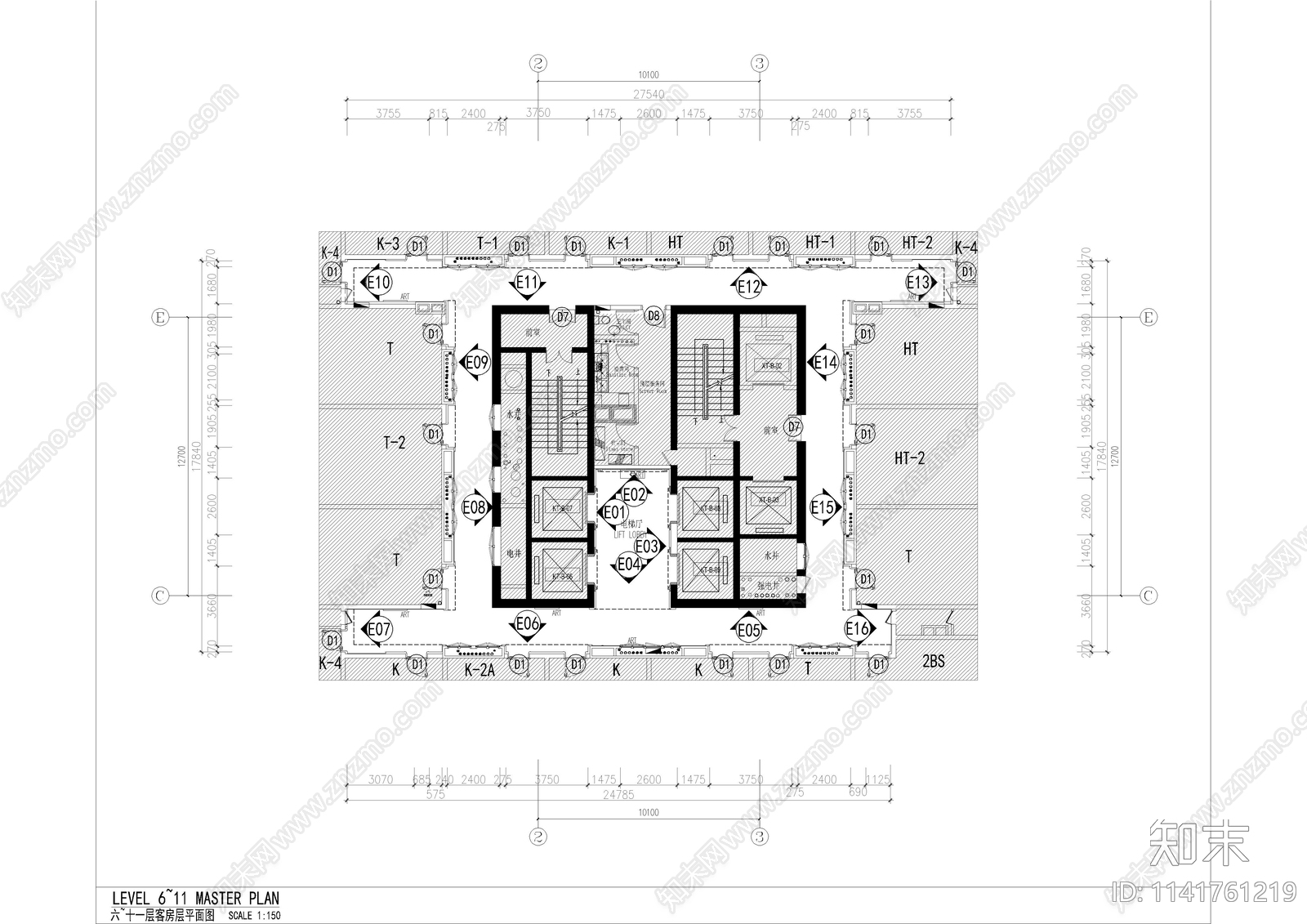 酒店电梯厅走道cad施工图下载【ID:1141761219】