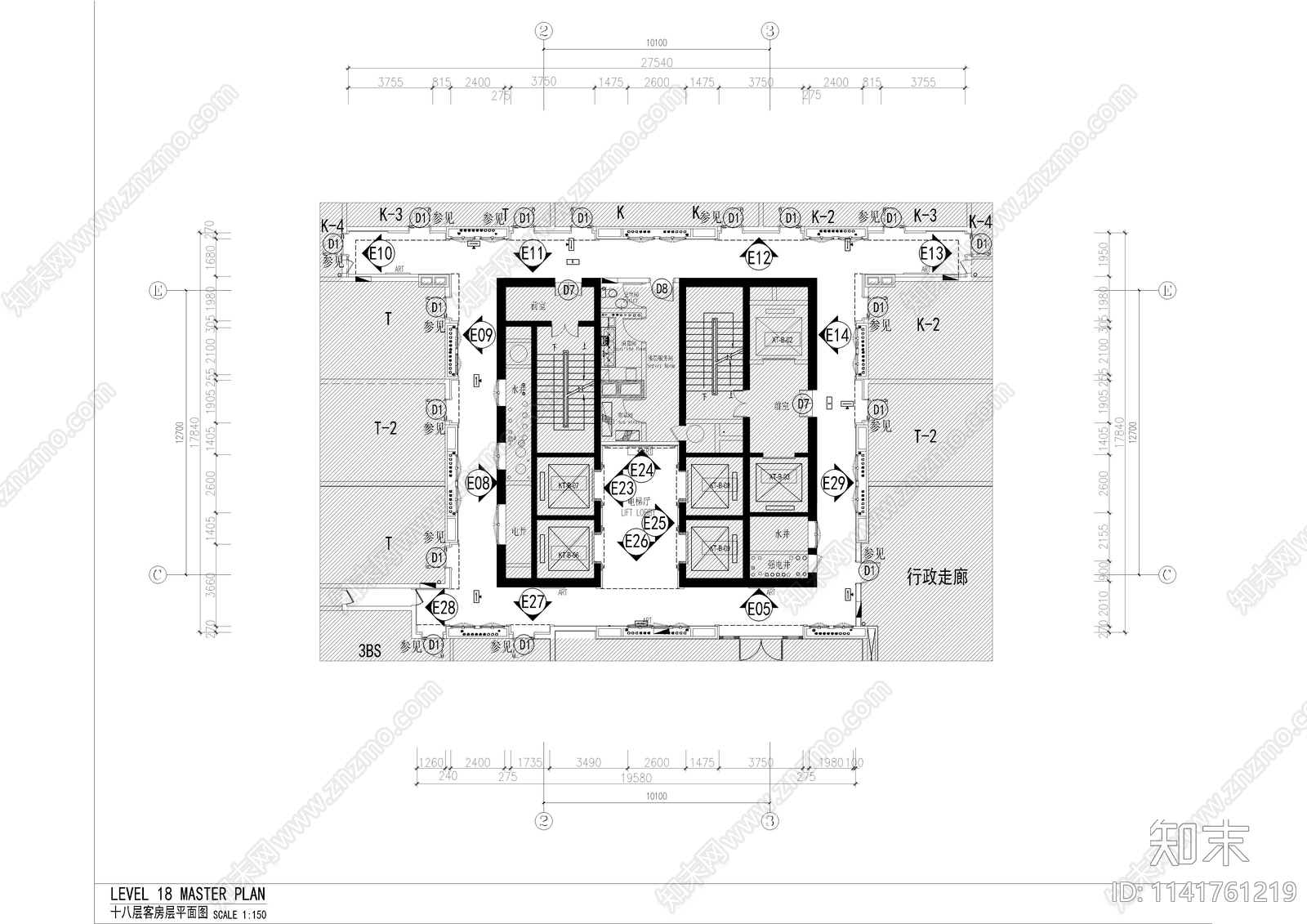 酒店电梯厅走道cad施工图下载【ID:1141761219】