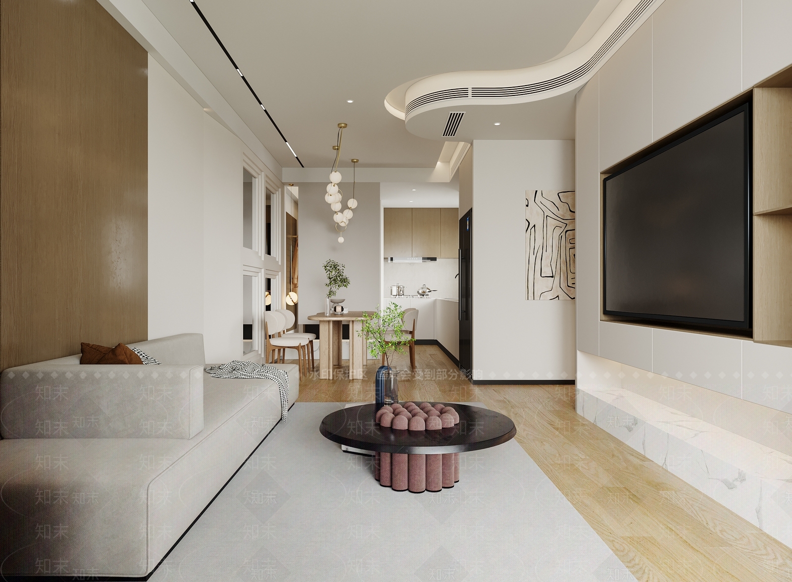 现代奶油风客餐厅3D模型下载【ID:1141764704】_知末3d模型网