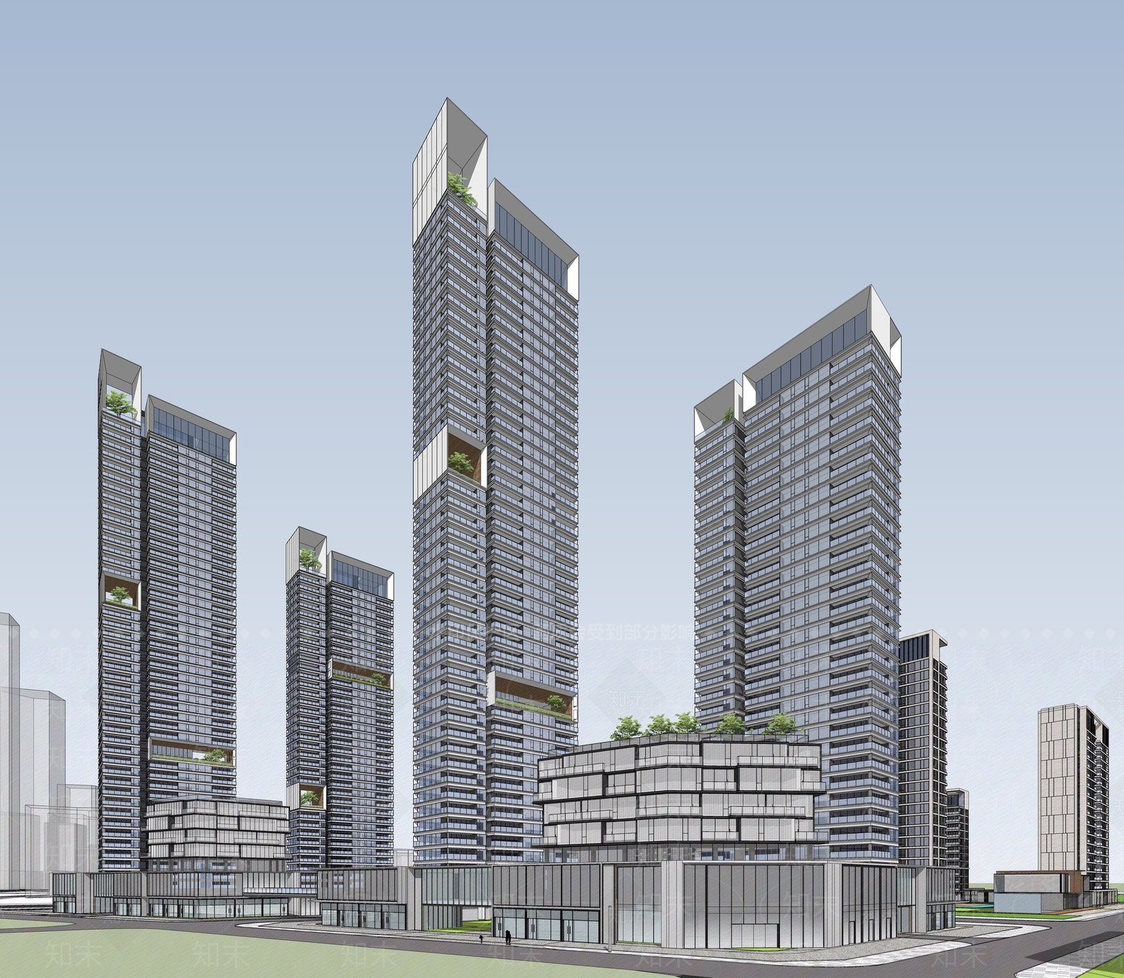 现代高层小区建筑SU模型下载【ID:1141780688】