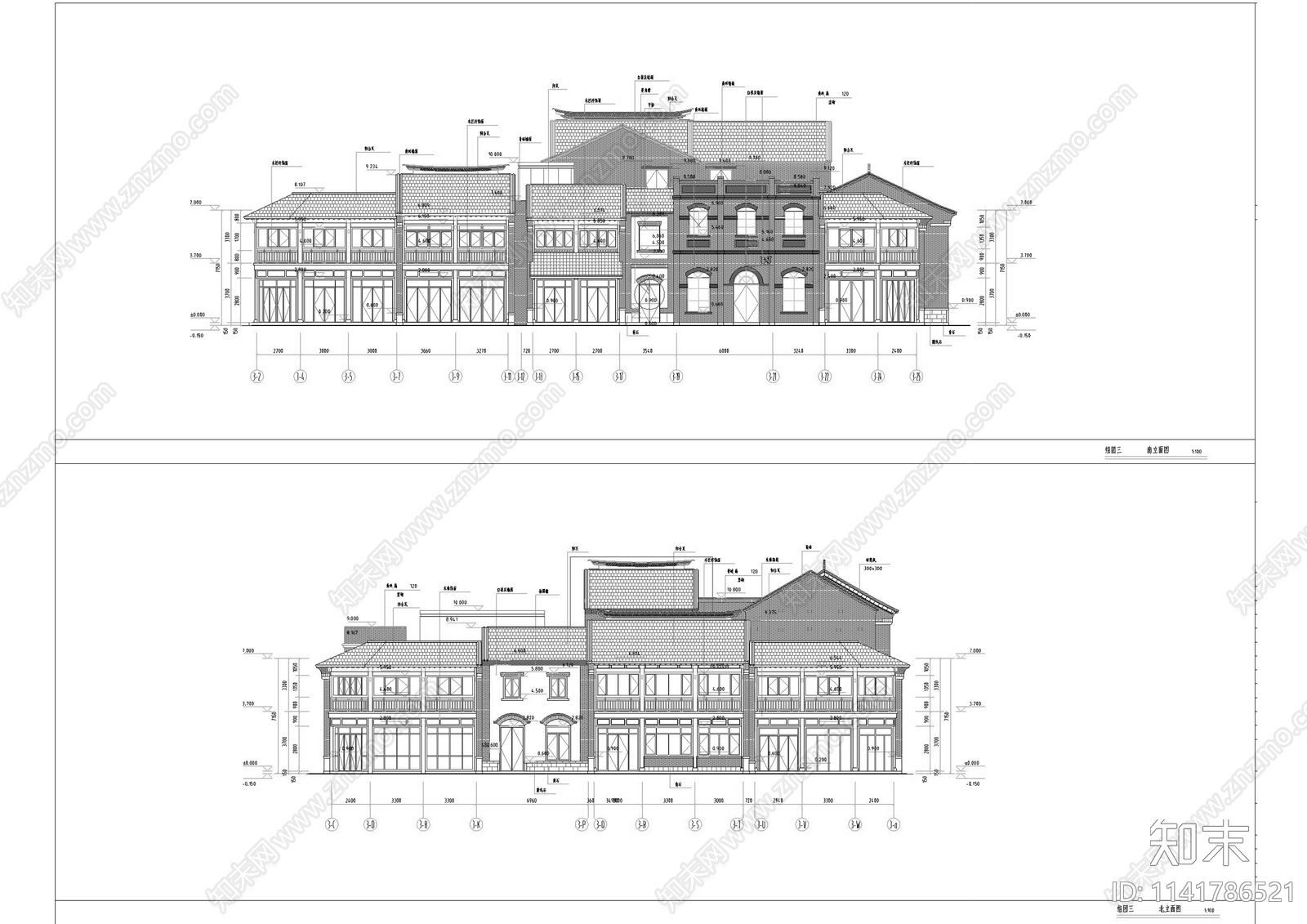 中式仿古商业街建筑cad施工图下载【ID:1141786521】