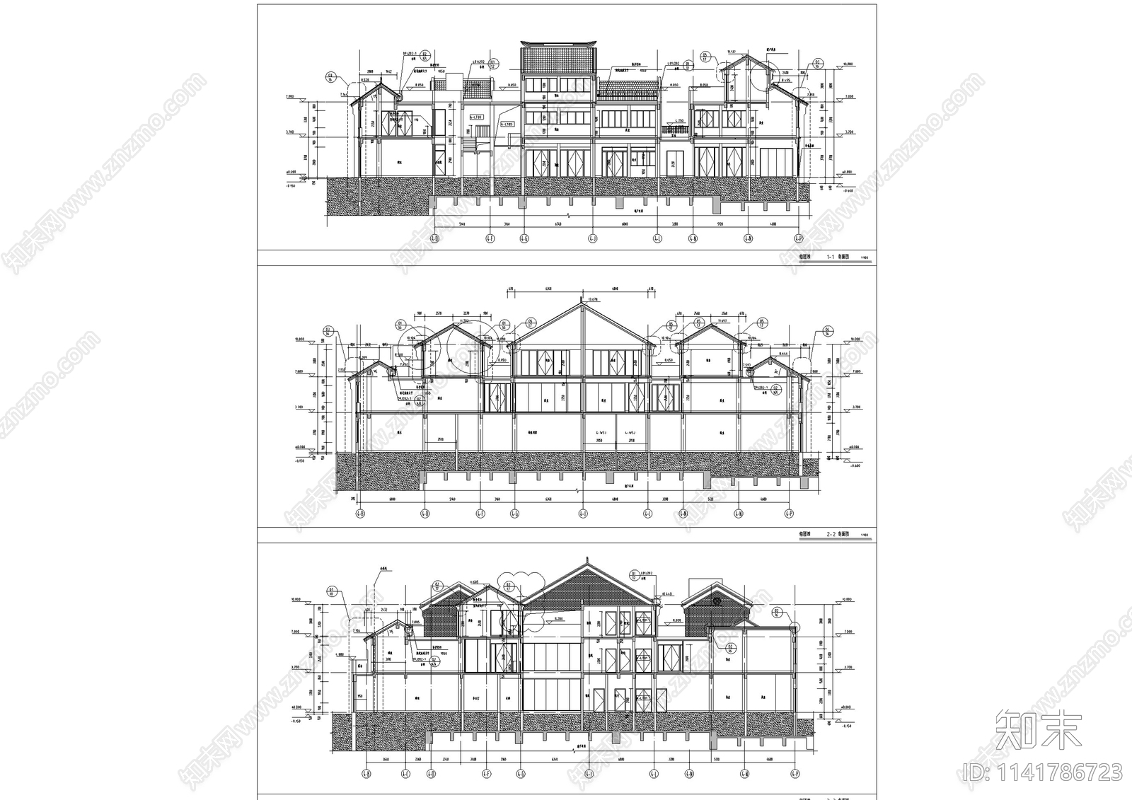 中式仿古商业街建筑cad施工图下载【ID:1141786723】