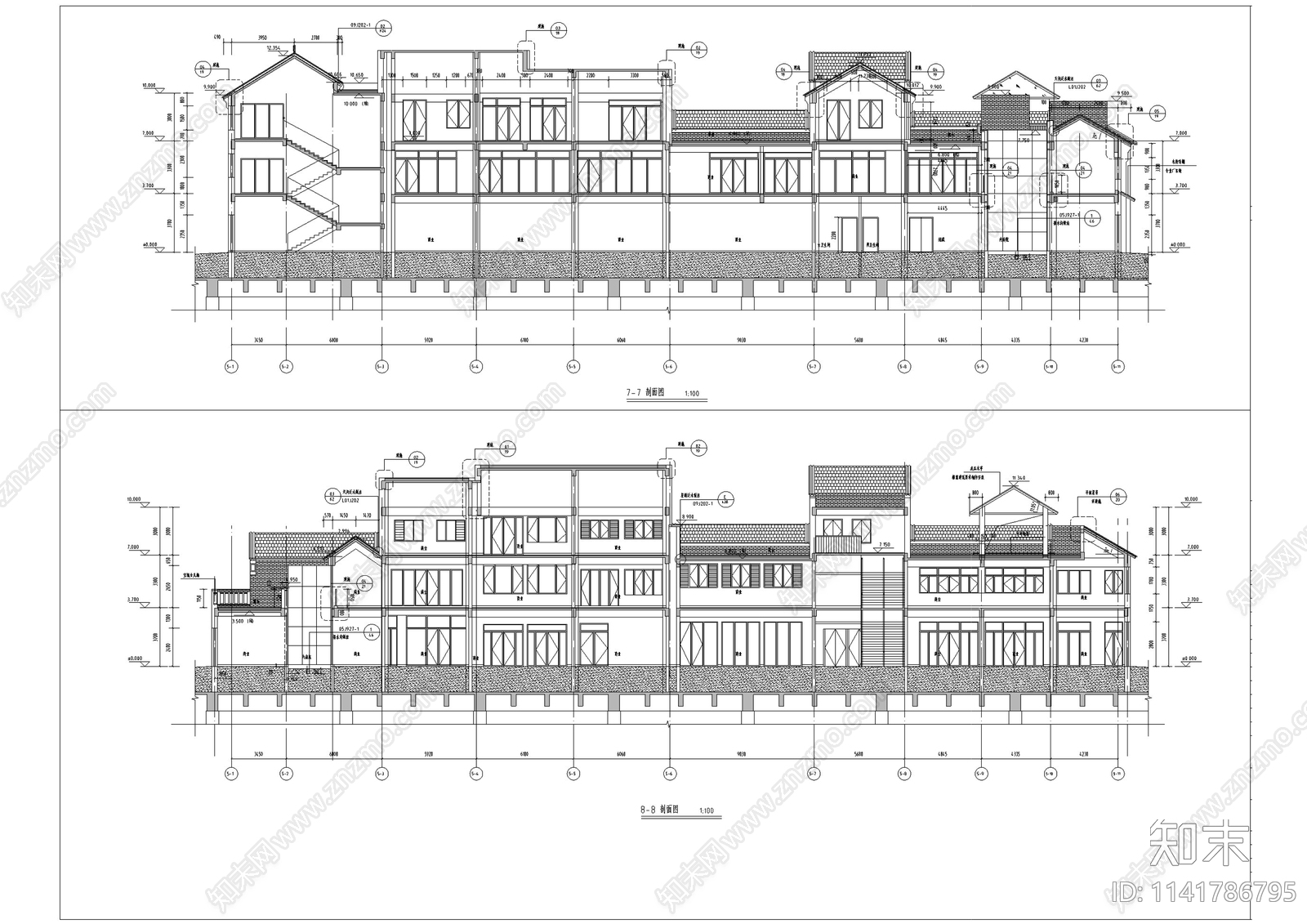 中式仿古商业街建筑cad施工图下载【ID:1141786795】