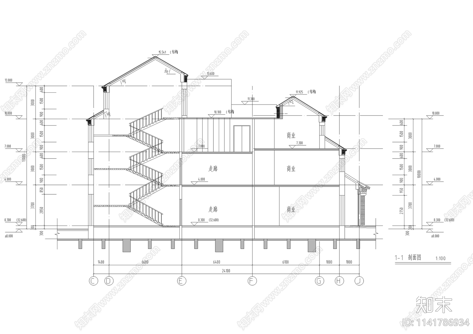 中式仿古商业街建筑cad施工图下载【ID:1141786934】